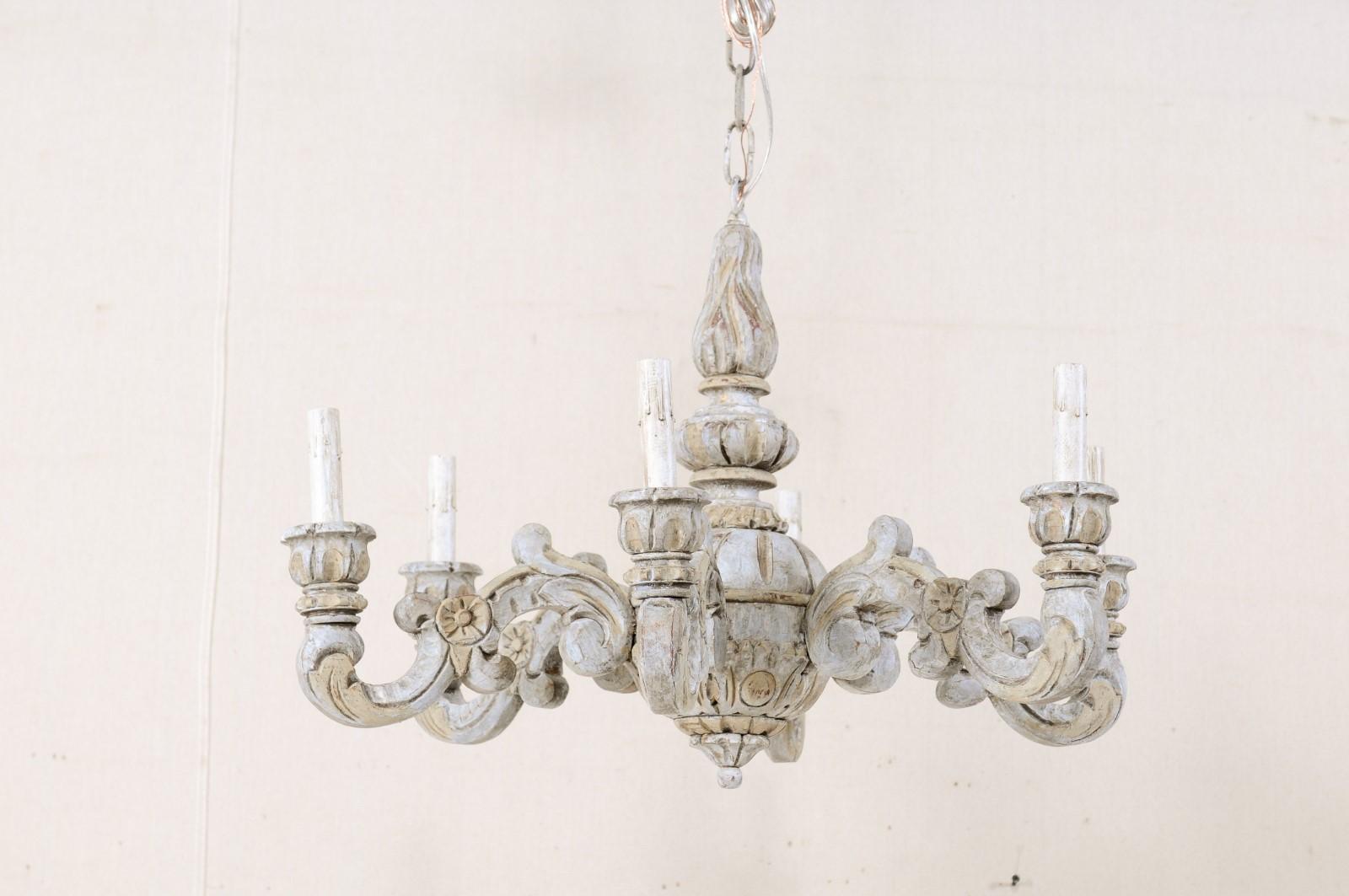 French Mid-20th Century Carved Wood Light Blue Chandelier 2