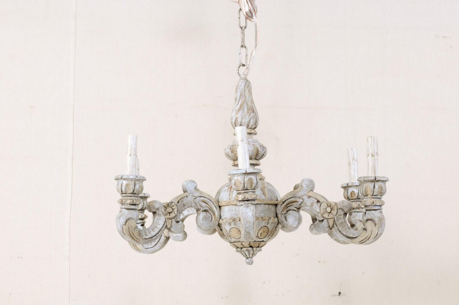French Mid-20th Century Carved Wood Light Blue Chandelier 3
