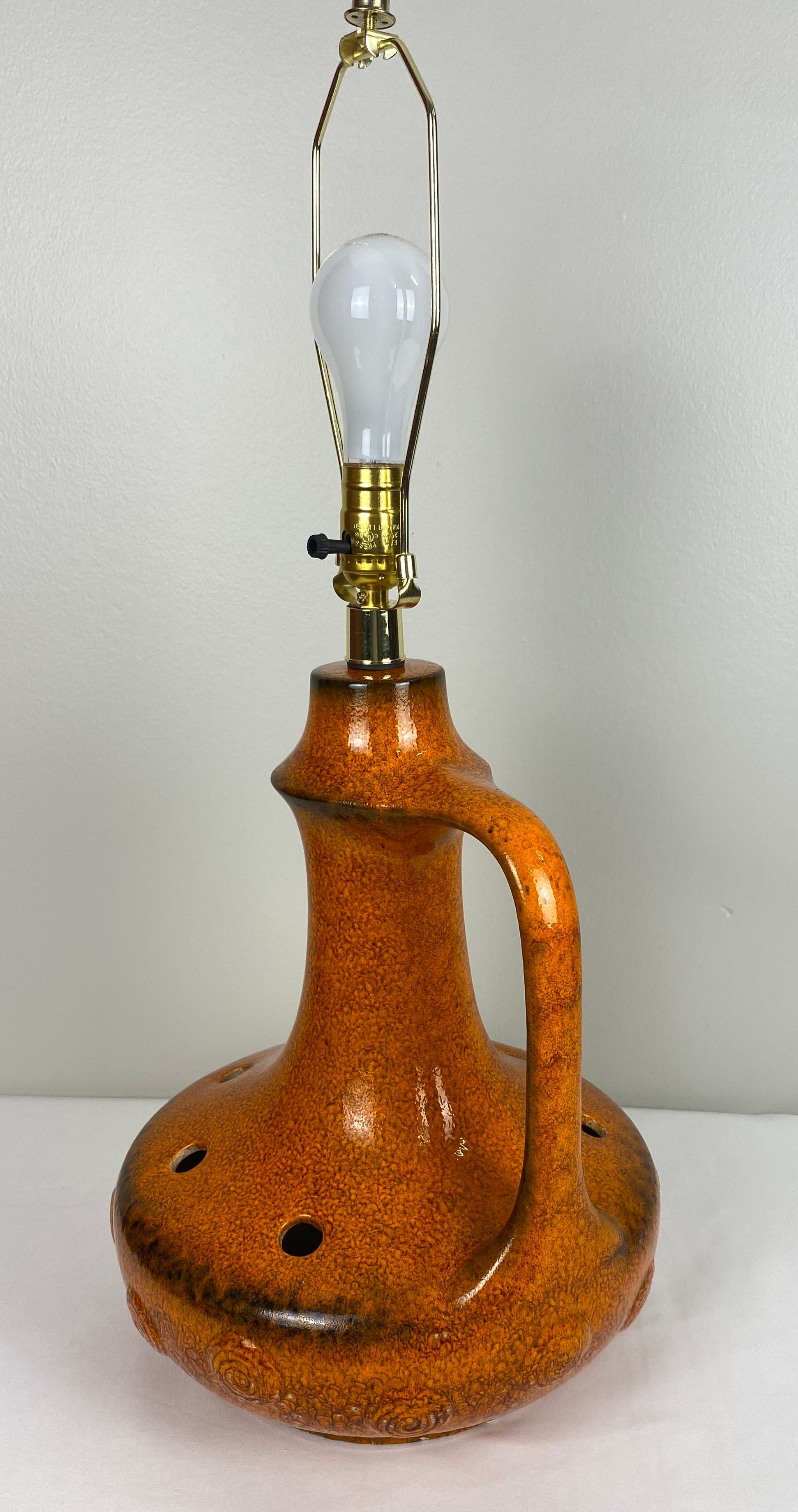 Glazed French Mid-Century Ceramic Table Lamp Orange For Sale