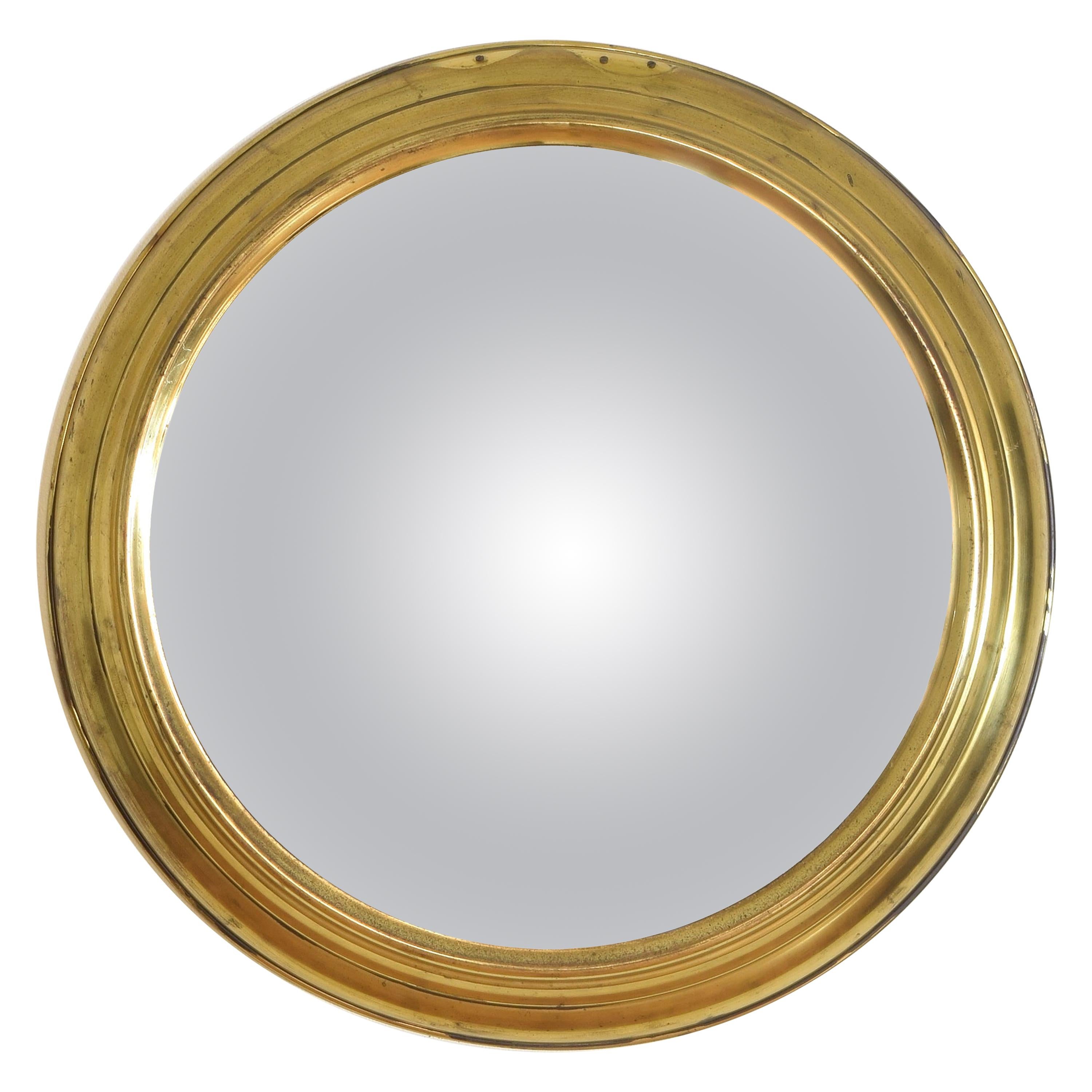 French Mid-20th Century Circular Convex Brass Mirror