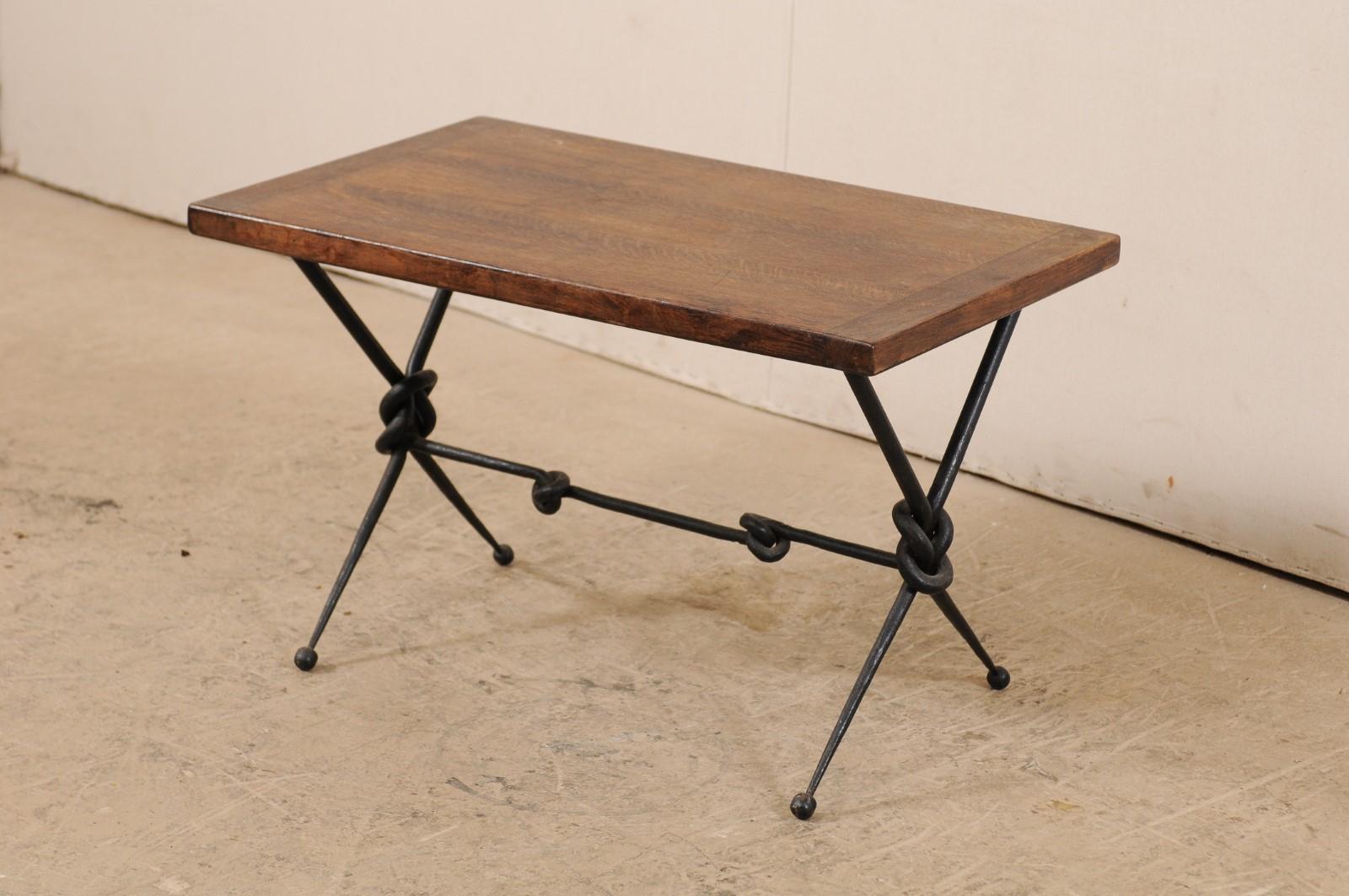 French Mid-20th Century Coffee Table with Knotted Iron Base 1