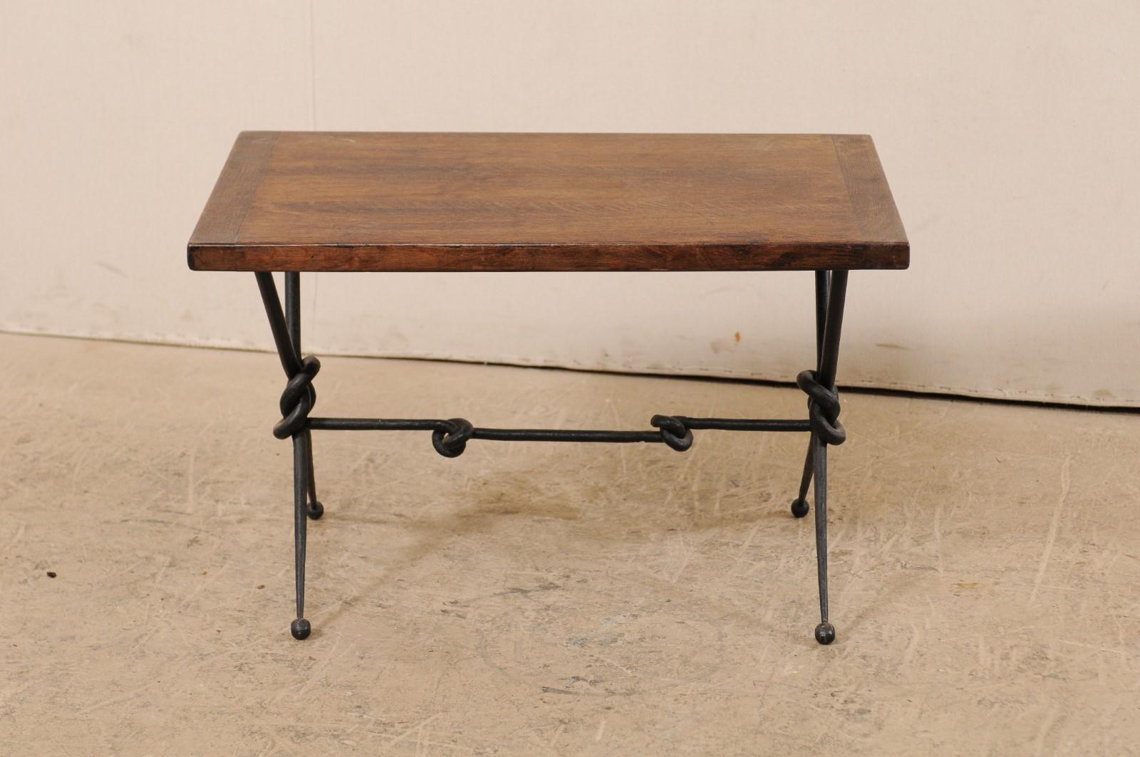 French Mid-20th Century Coffee Table with Knotted Iron Base 2