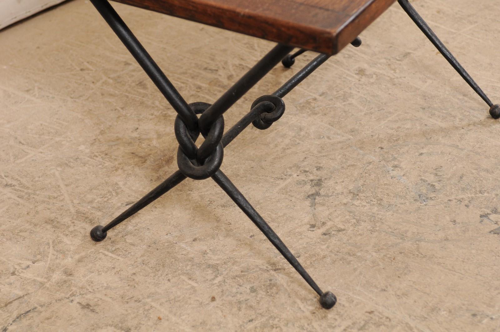 French Mid-20th Century Coffee Table with Knotted Iron Base 4