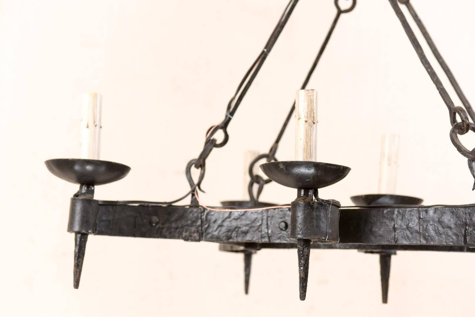 French Mid-20th Century Forged Iron Black Six-Light Chandelier 5