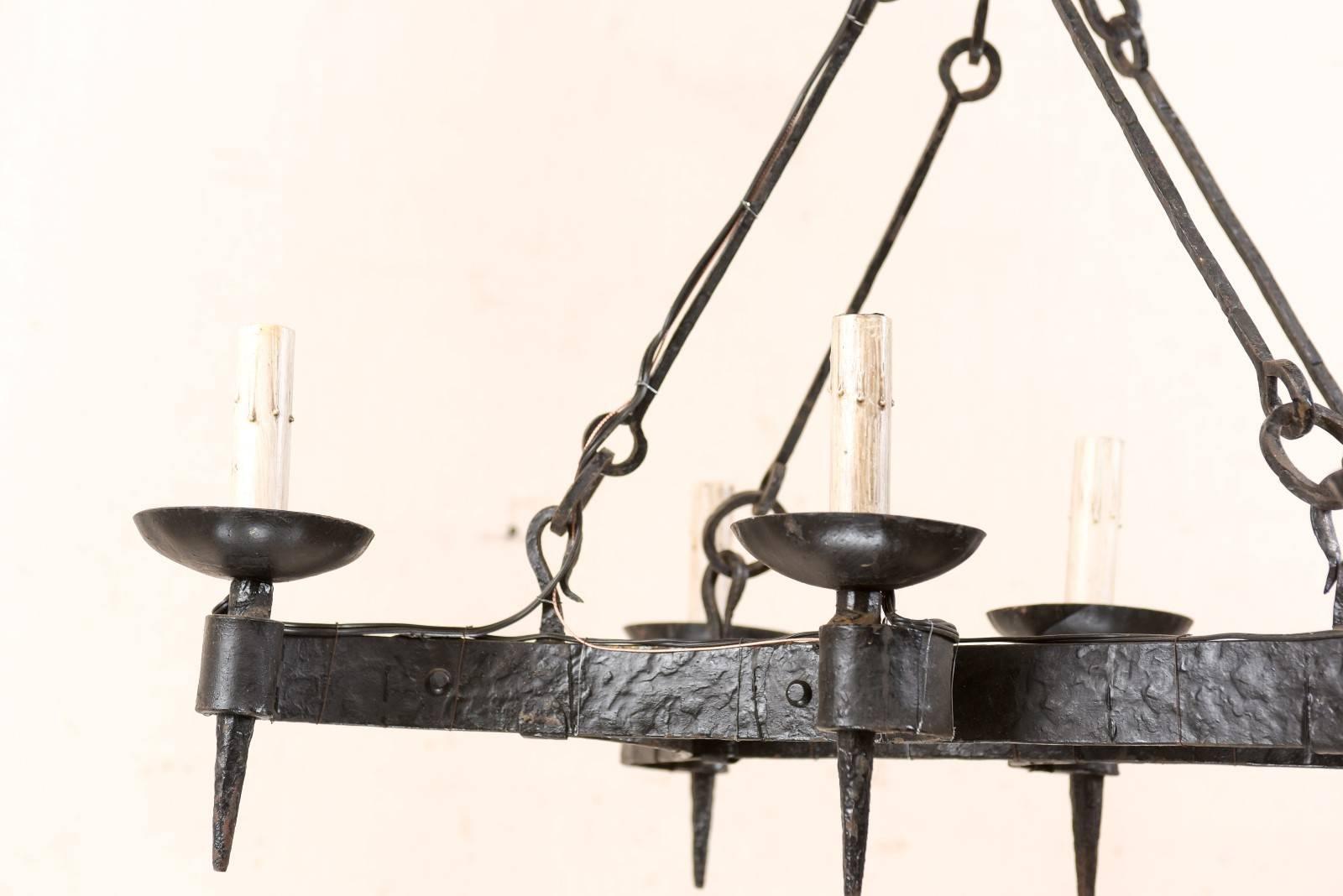 French Mid-20th Century Forged Iron Black Six-Light Chandelier 6