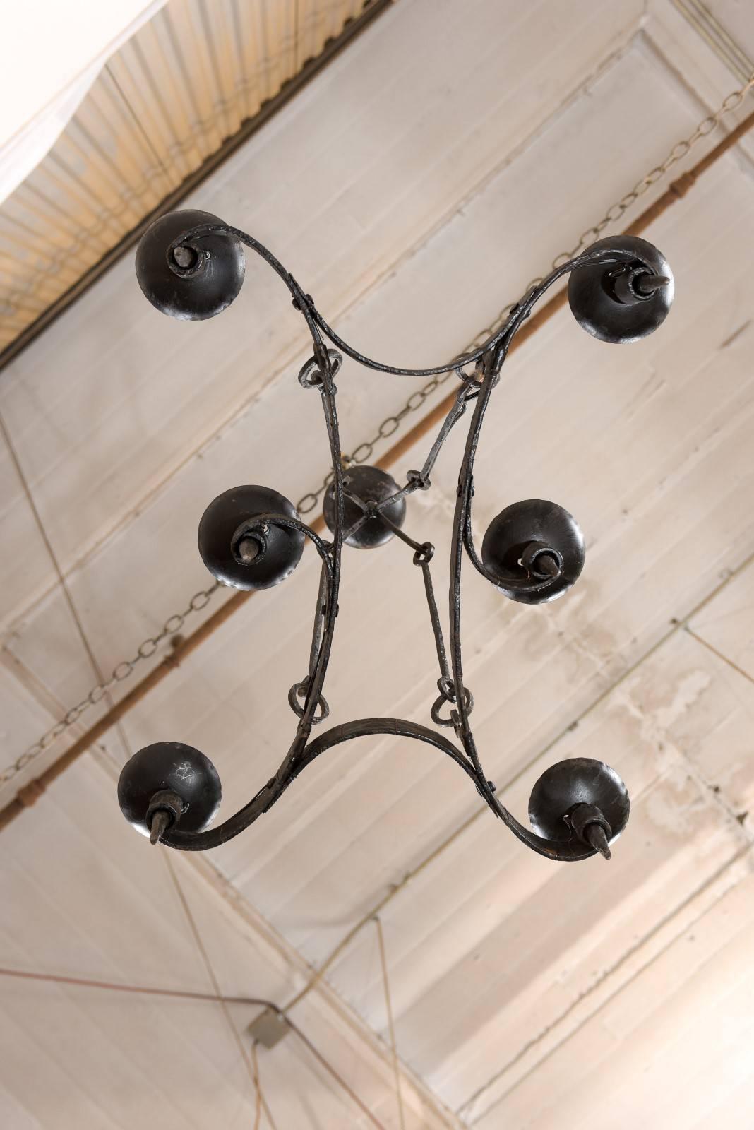 French Mid-20th Century Forged Iron Black Six-Light Chandelier 7