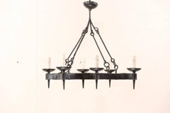 French Mid-20th Century Forged Iron Black Six-Light Chandelier