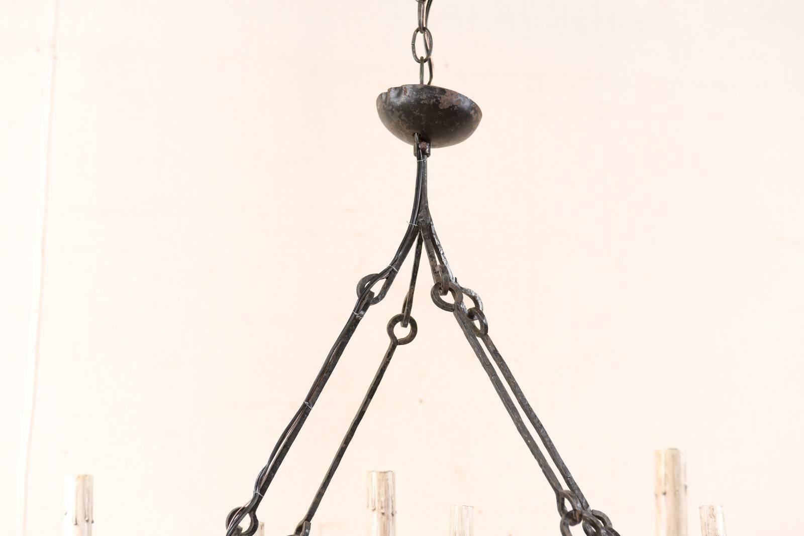 French Mid-20th Century Forged Iron Black Six-Light Chandelier In Good Condition In Atlanta, GA