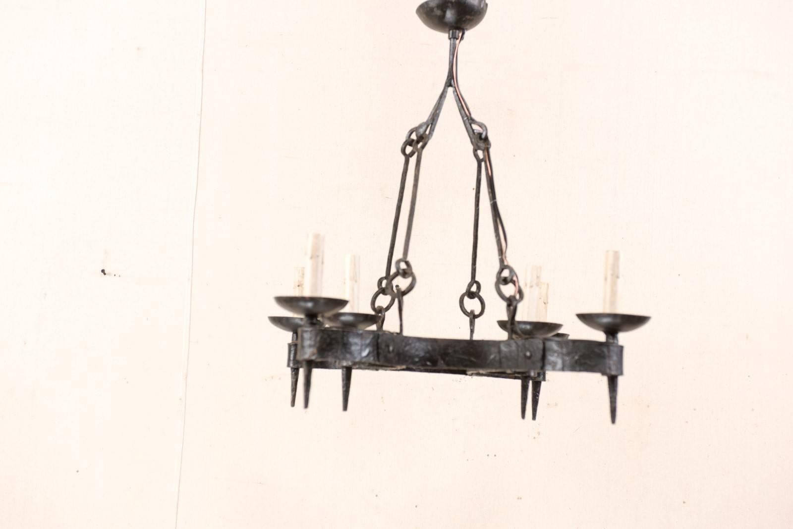 French Mid-20th Century Forged Iron Black Six-Light Chandelier 1