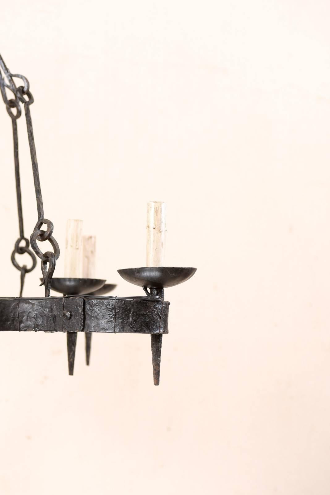French Mid-20th Century Forged Iron Black Six-Light Chandelier 2