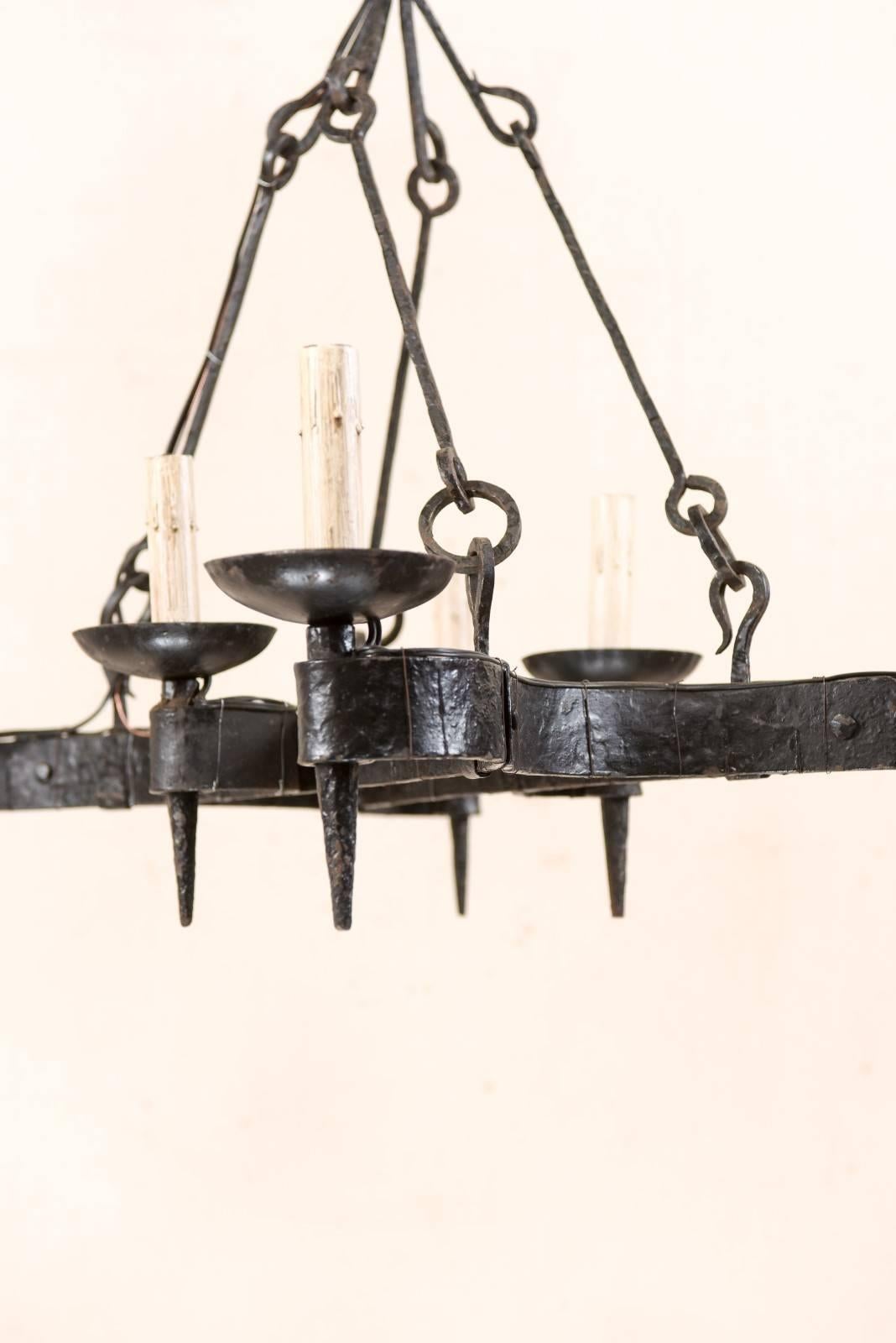 French Mid-20th Century Forged Iron Black Six-Light Chandelier 3