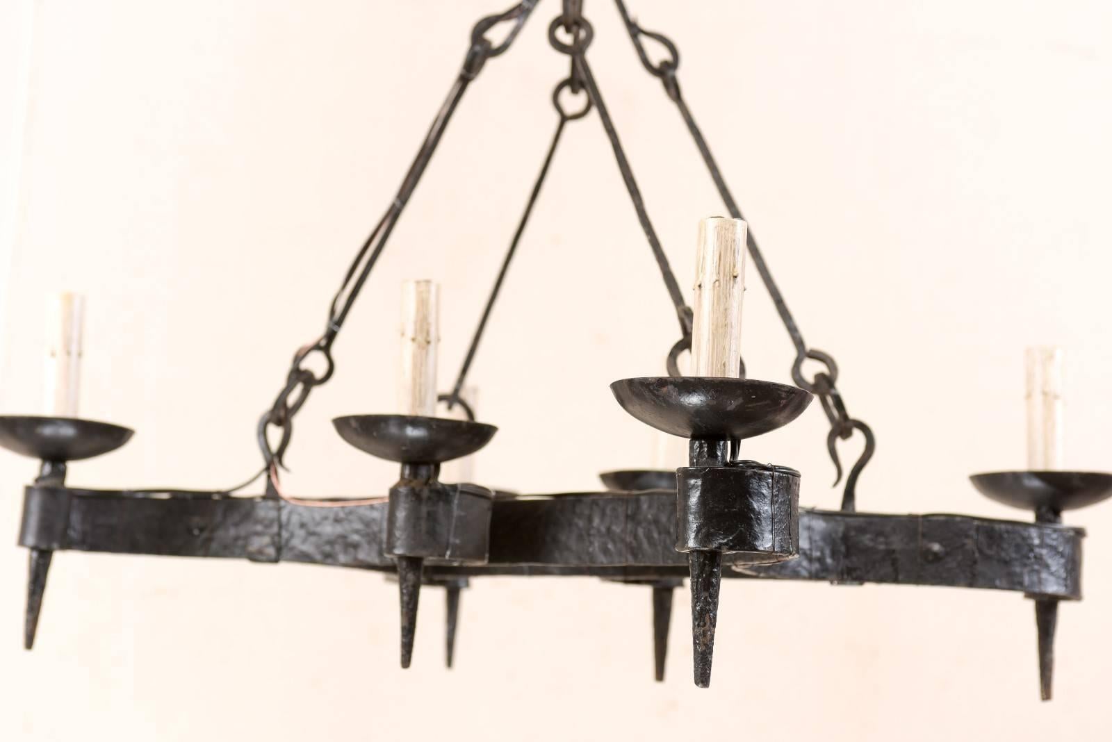 French Mid-20th Century Forged Iron Black Six-Light Chandelier 4