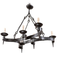 French Mid-20th Century Forged Iron Black Six-Light Chandelier