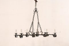 French Forged-Iron Eight-Light Chandelier in Rectangular Shape, Mid-20th Century