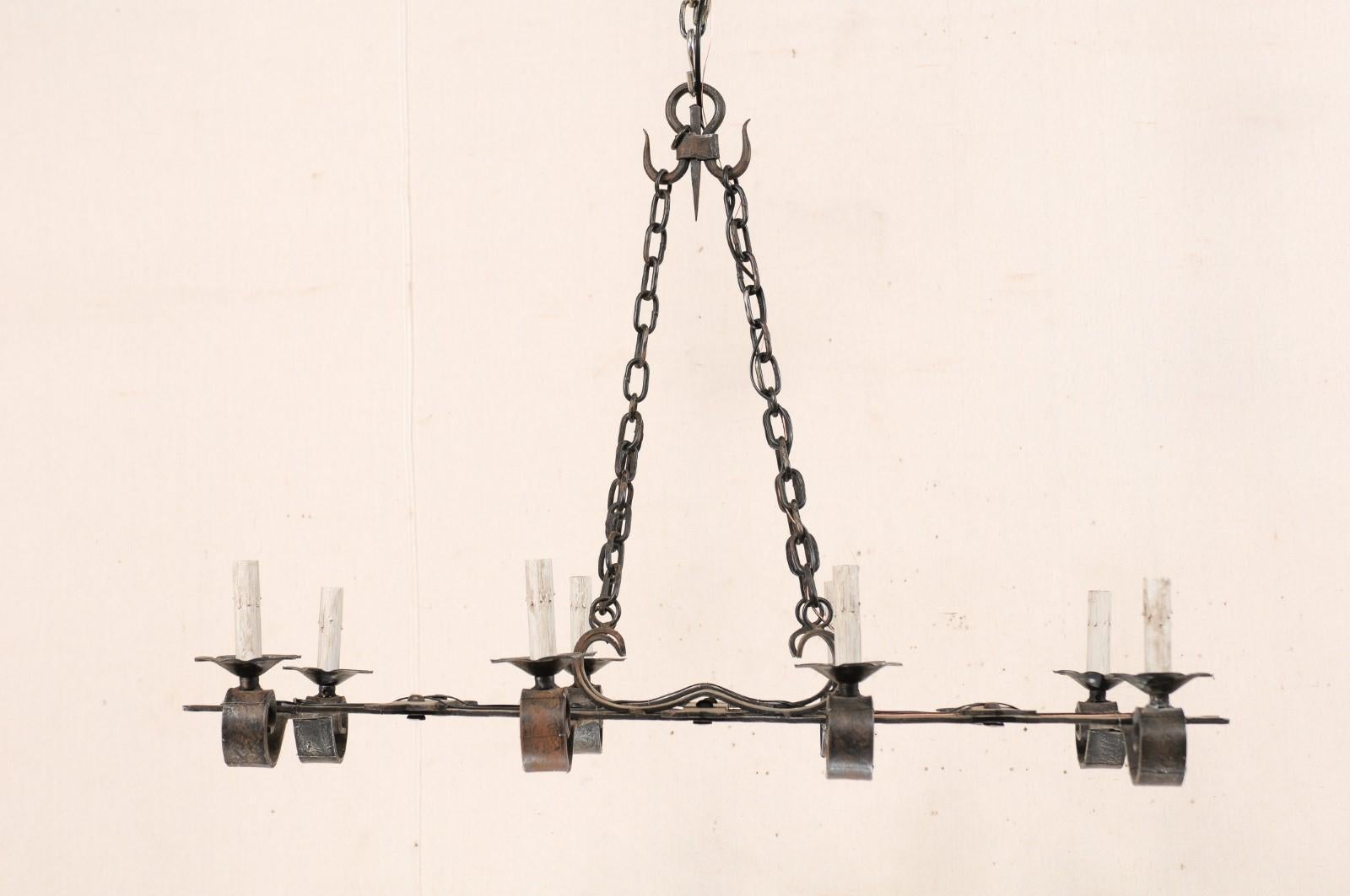 French Forged-Iron Eight-Light Chandelier in Rectangular Shape, Mid-20th Century In Good Condition For Sale In Atlanta, GA