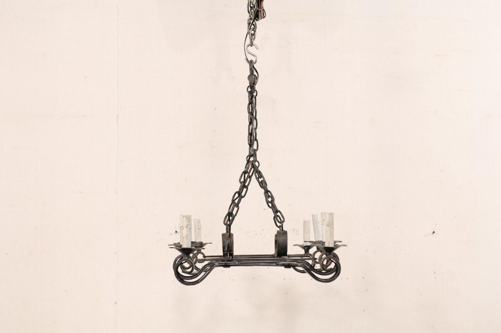 French Forged-Iron Eight-Light Chandelier in Rectangular Shape, Mid-20th Century For Sale 1