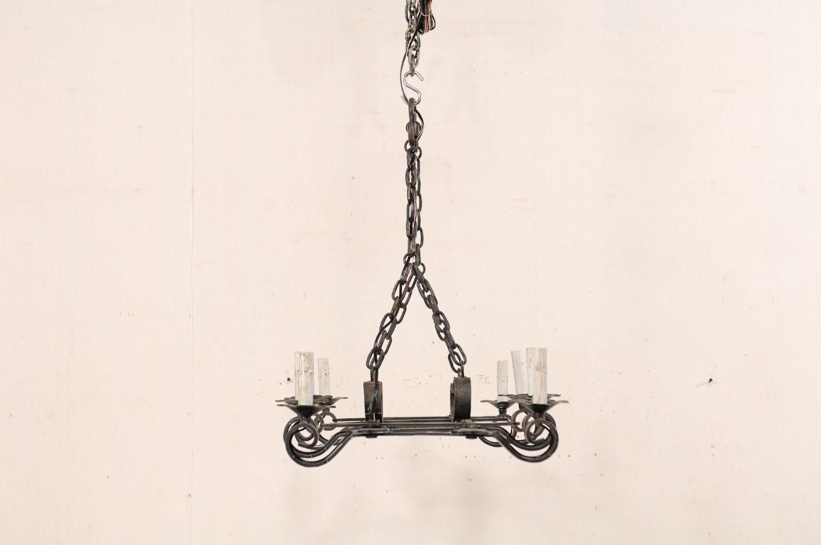 French Forged-Iron Eight-Light Chandelier in Rectangular Shape, Mid-20th Century 1