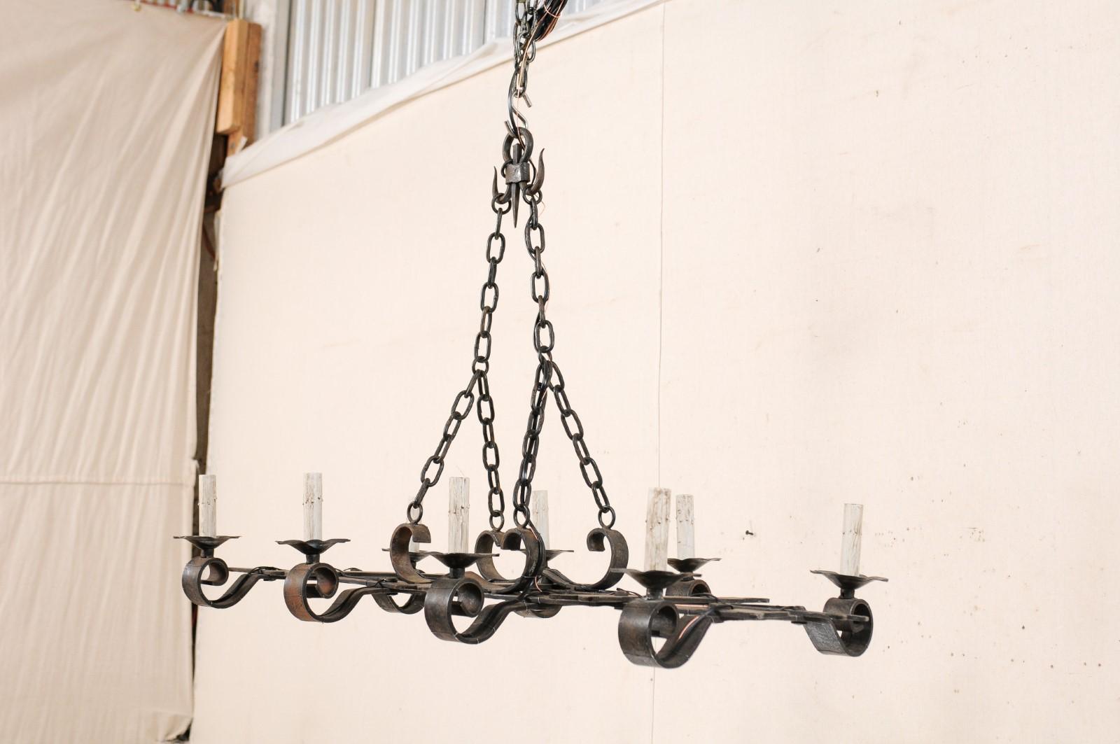 French Forged-Iron Eight-Light Chandelier in Rectangular Shape, Mid-20th Century For Sale 2