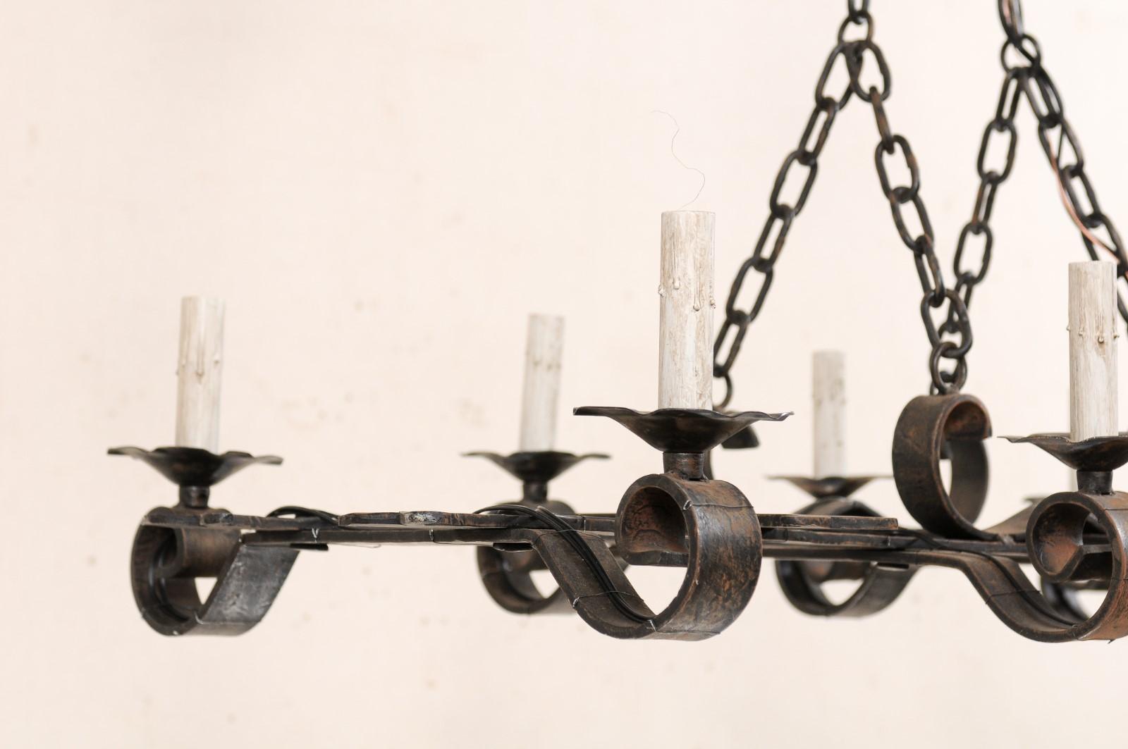 French Forged-Iron Eight-Light Chandelier in Rectangular Shape, Mid-20th Century For Sale 3