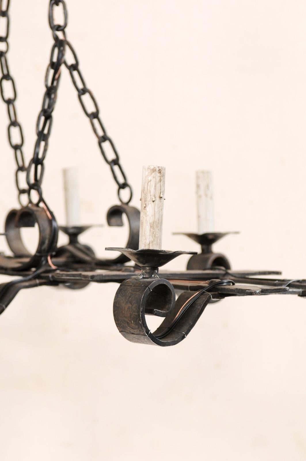 French Forged-Iron Eight-Light Chandelier in Rectangular Shape, Mid-20th Century 4