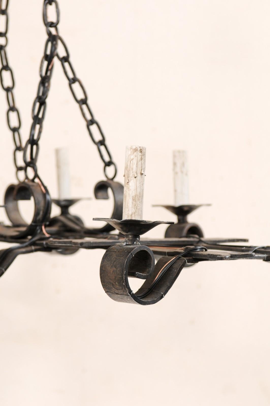 French Forged-Iron Eight-Light Chandelier in Rectangular Shape, Mid-20th Century For Sale 4