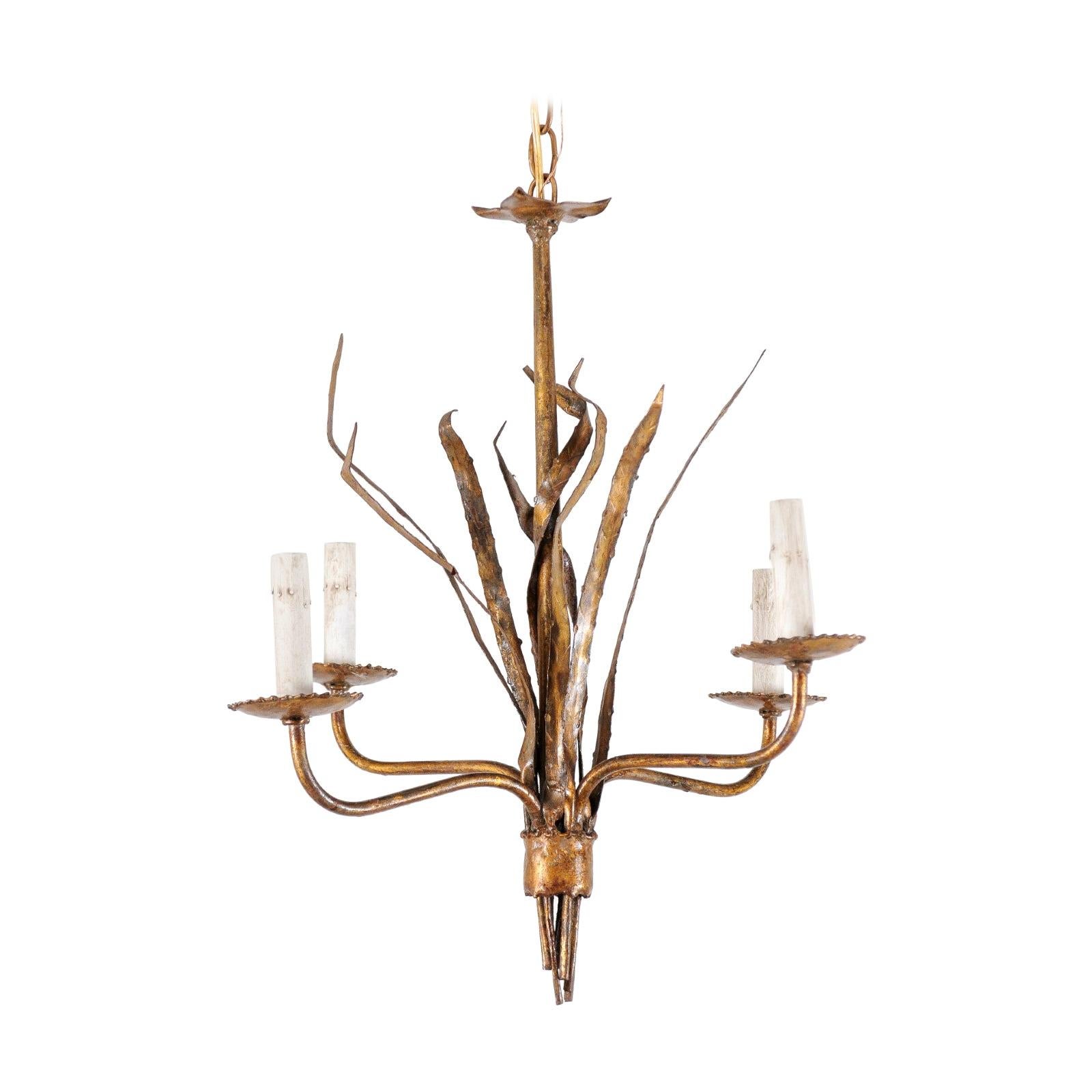French Mid-20th Century Four-Light Iron Toned Chandelier in Leaf Foliage Motif