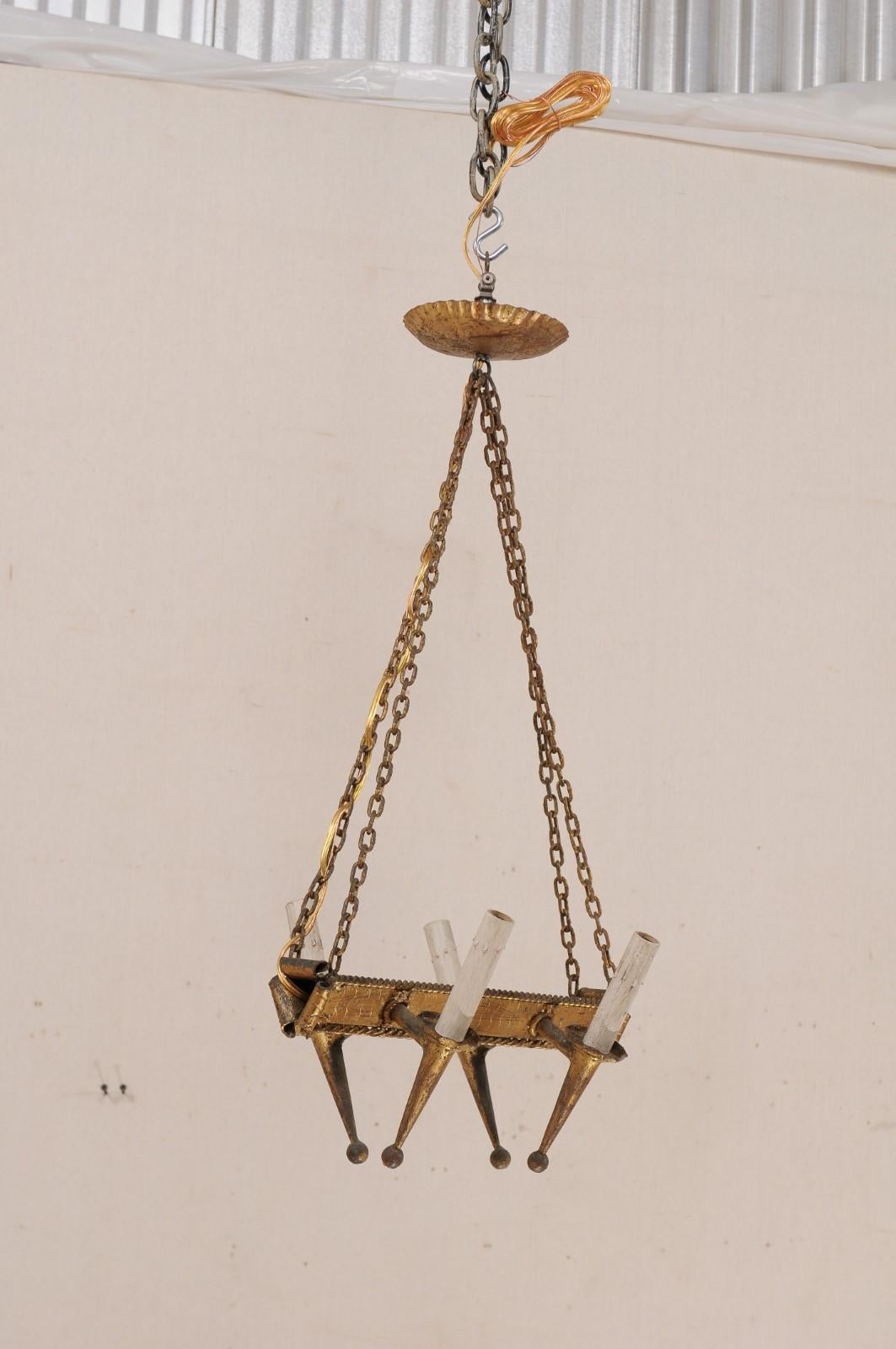 French Mid-20th Century Gold-Painted Iron Chandelier with Four Lights In Good Condition In Atlanta, GA