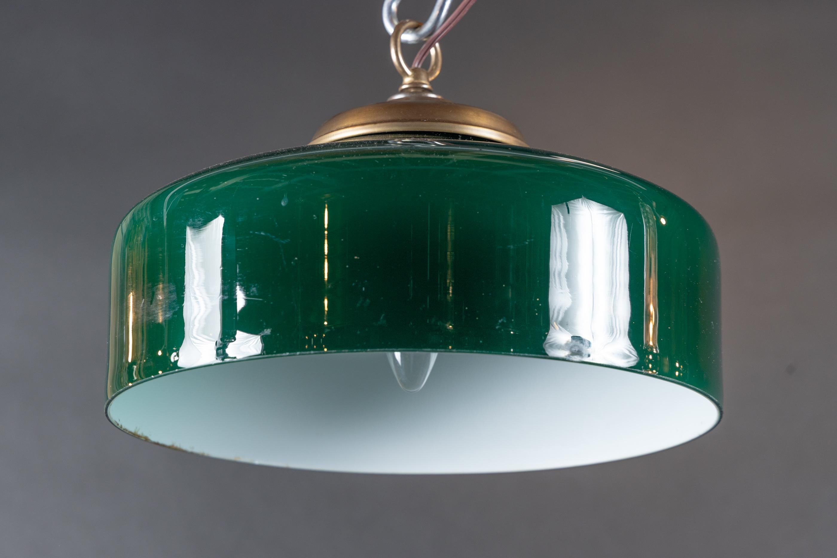 French Mid 20th Century Green Glass Hanging Pendant Light In Good Condition For Sale In New Orleans, LA