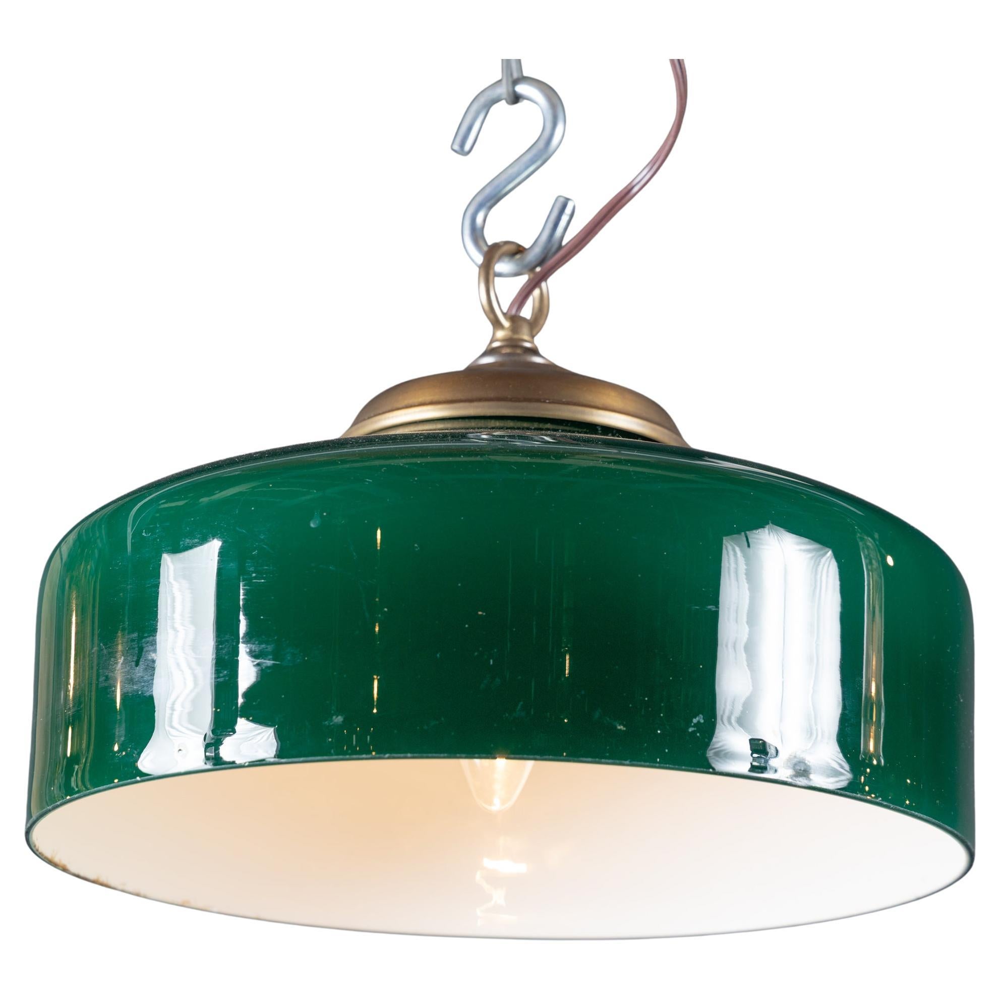 French Mid 20th Century Green Glass Hanging Pendant Light