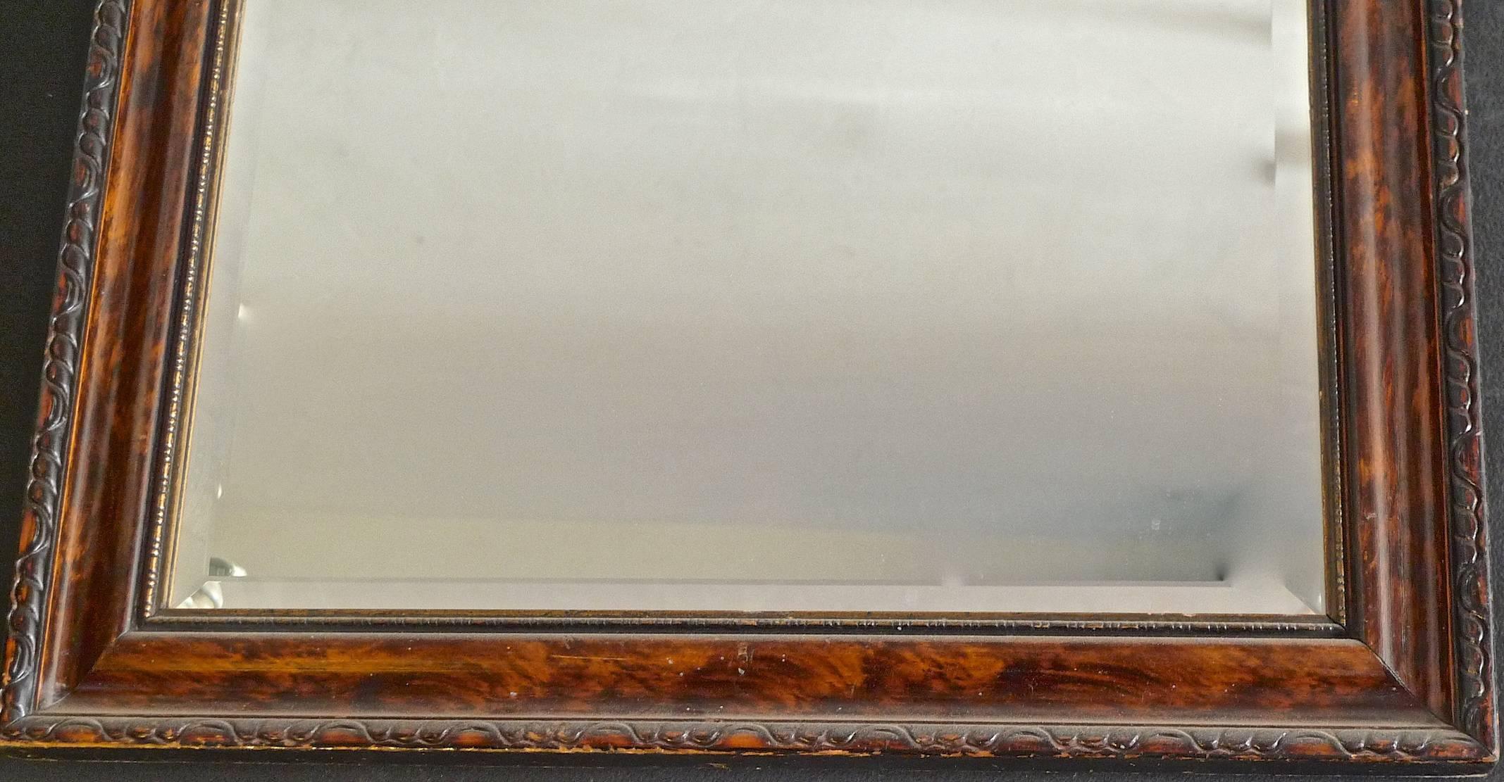 French Mid-20th Century Hand Craved Walnut and Mahogany Framed Beveled Mirror 2