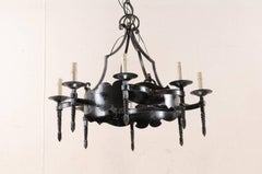 French Mid-20th Century Iron Ring Chandelier with Eight Torch-Shaped Lights