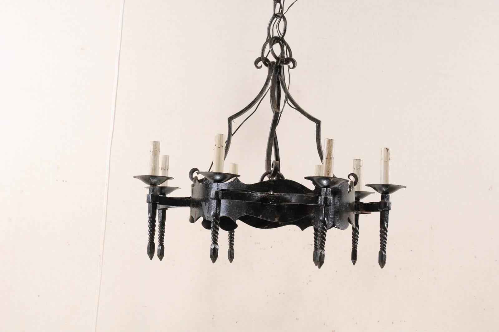 Metal French Mid-20th Century Iron Ring Chandelier with Eight Torch-Shaped Lights For Sale