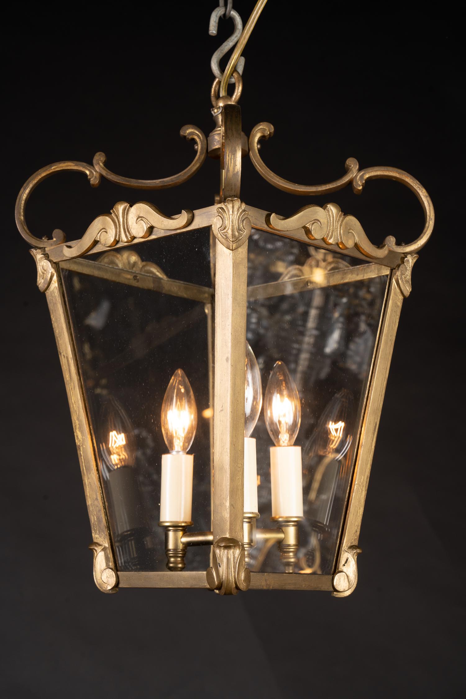 French Mid 20th Century Louis XVI Bronze Lantern with Scroll Arms For Sale 1