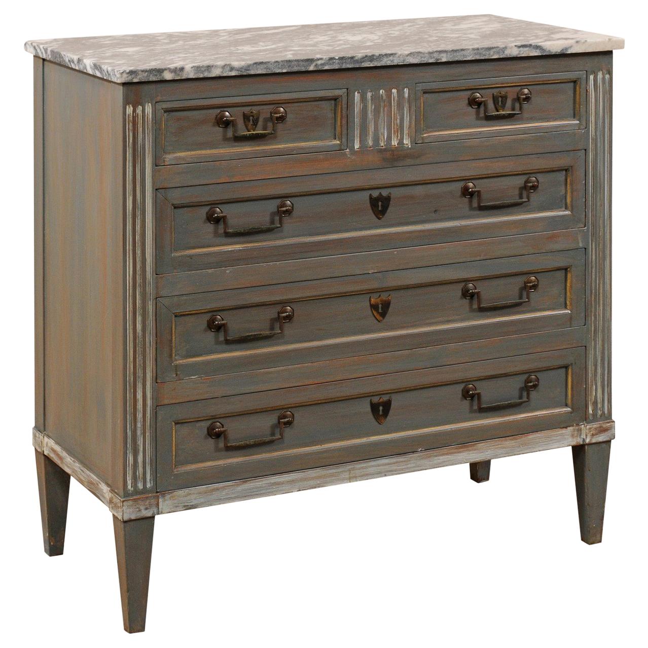 French Mid-20th Century Marble-Top 5-Drawer Chest