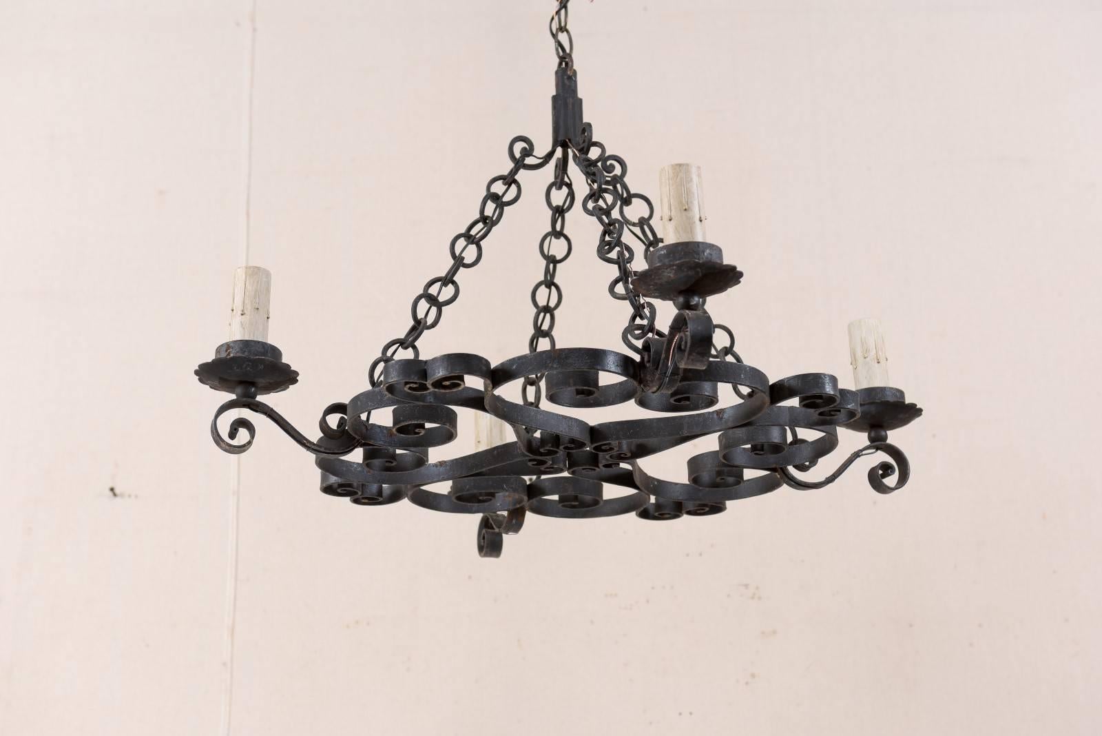French Mid-20th Century Nicely Scrolled Four-Light Black Iron Chandelier For Sale 2