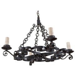 Vintage French Mid-20th Century Nicely Scrolled Four-Light Black Iron Chandelier