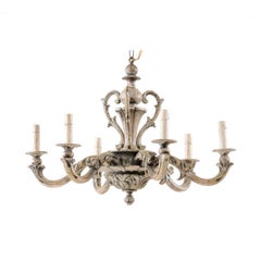 French Mid-20th Century Ornately Carved and Painted Wood Chandelier