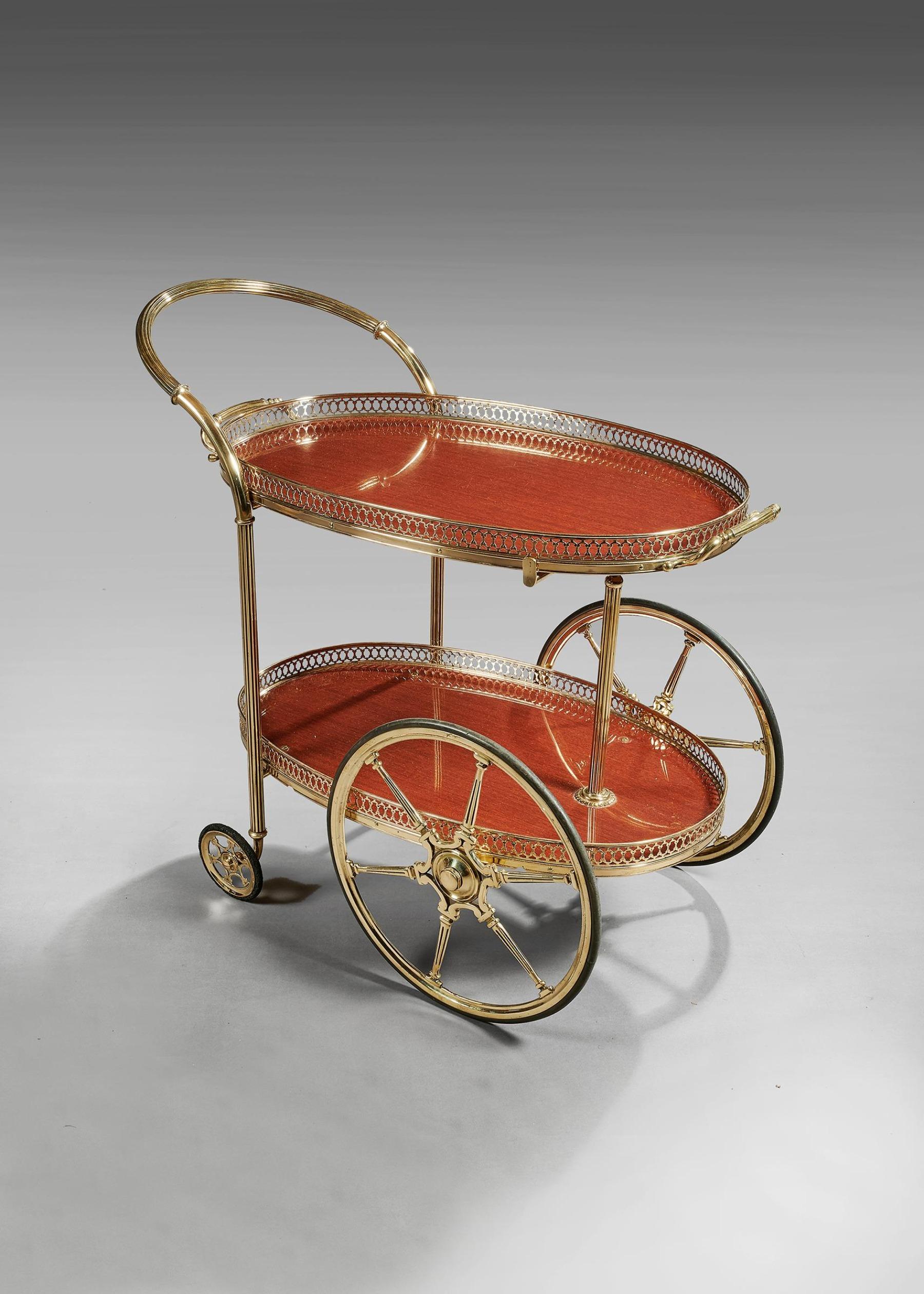 Mid-Century Modern French Mid-20th Century Oval Brass Bar Cart with Removable Tray For Sale