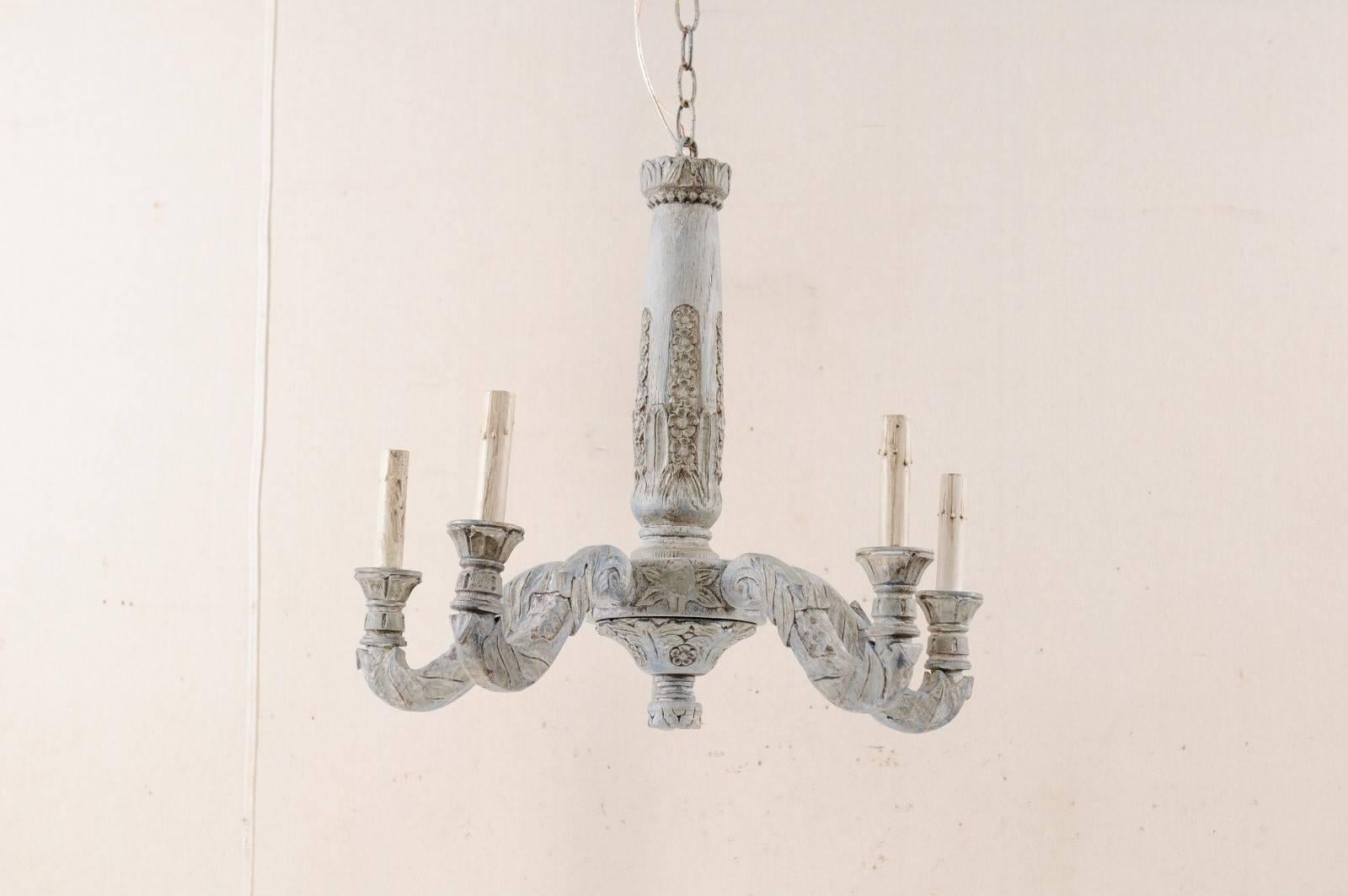 French Mid-20th Century Painted and Carved Wood Light Blue Chandelier In Good Condition In Atlanta, GA