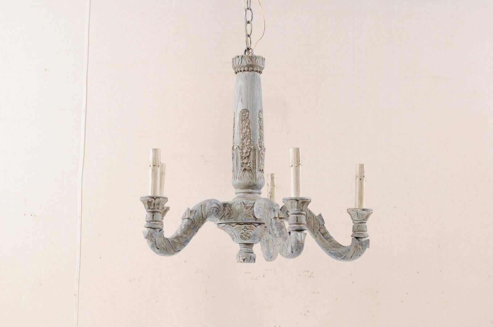 French Mid-20th Century Painted and Carved Wood Light Blue Chandelier 1