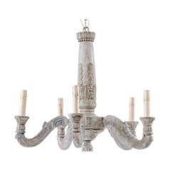 French Mid-20th Century Painted and Carved Wood Light Blue Chandelier