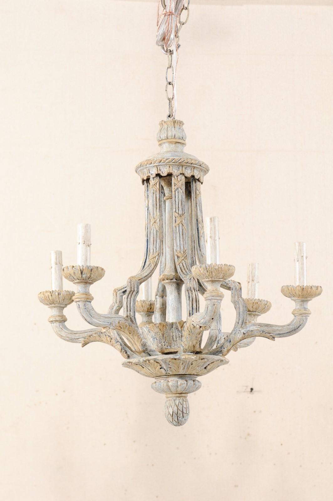 French Mid-20th Century Painted and Carved Wood Six-Light Chandelier In Good Condition In Atlanta, GA