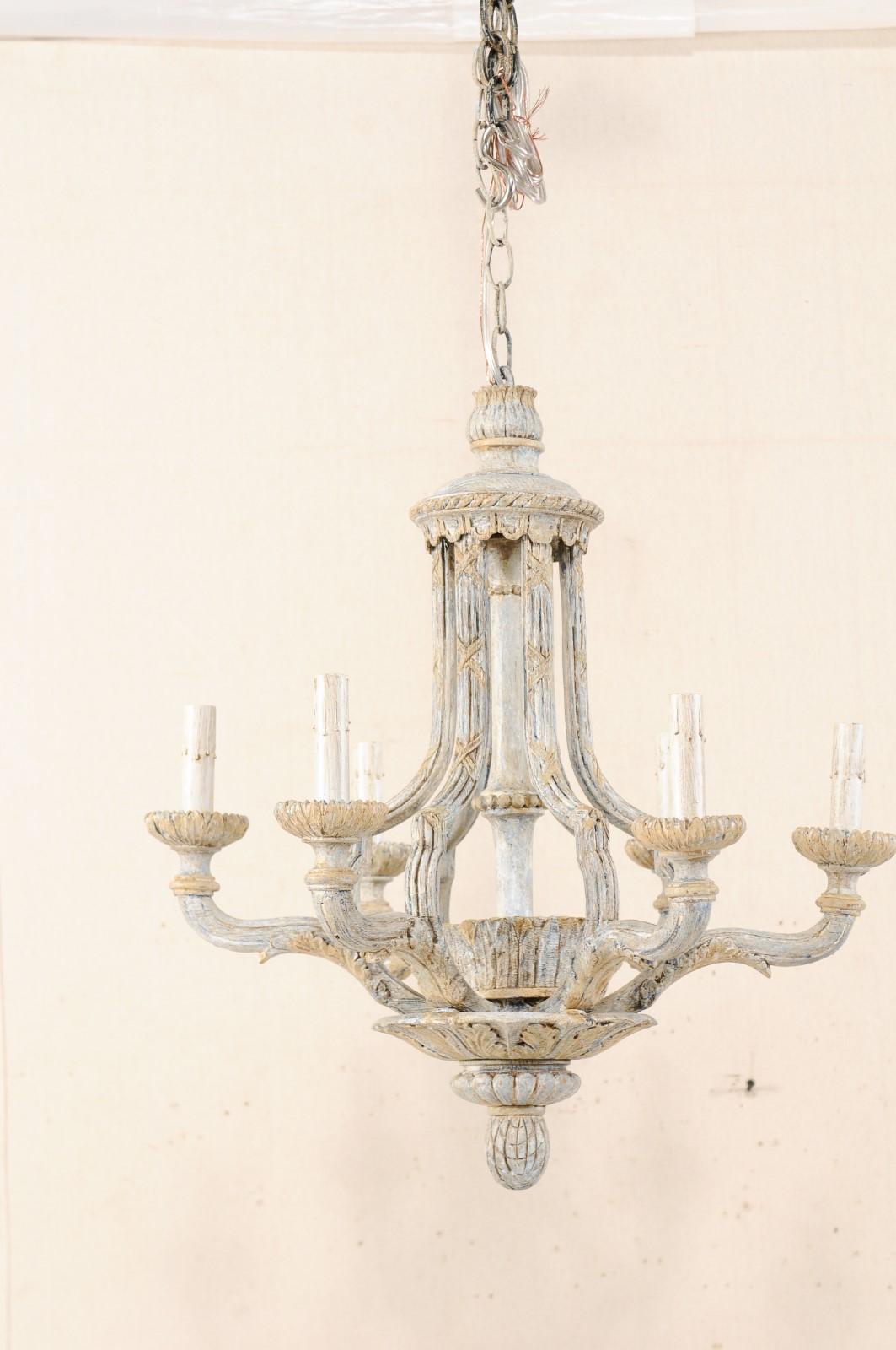 French Mid-20th Century Painted and Carved Wood Six-Light Chandelier 1