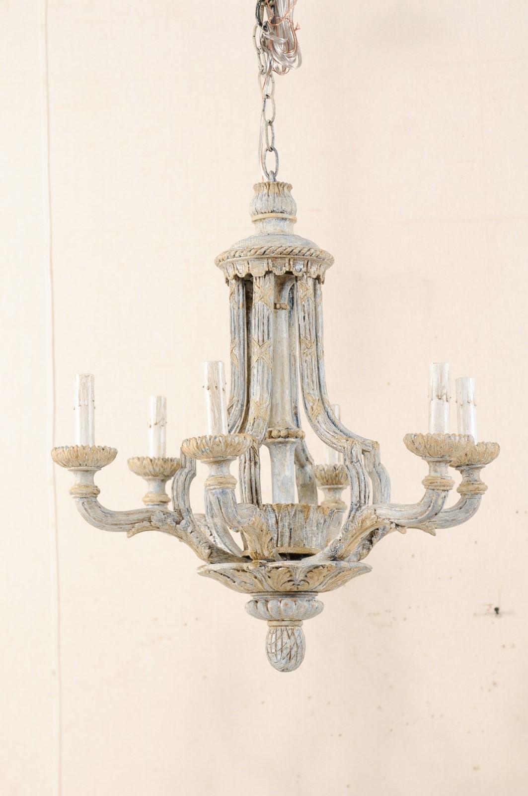 French Mid-20th Century Painted and Carved Wood Six-Light Chandelier 2