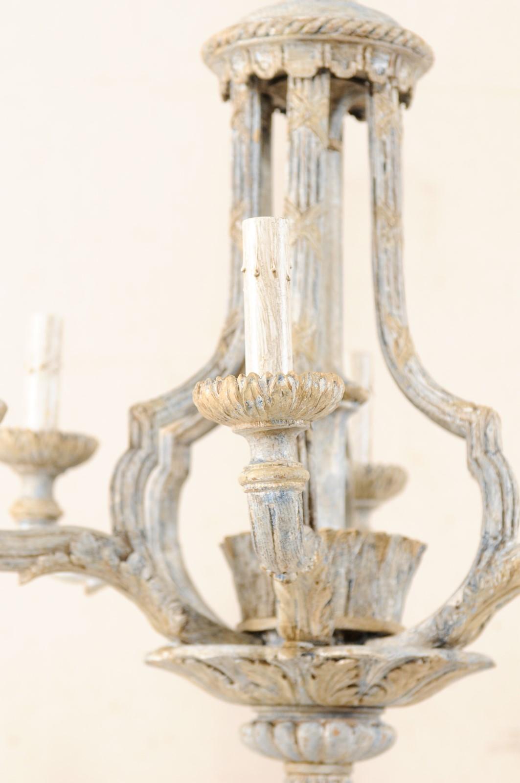 French Mid-20th Century Painted and Carved Wood Six-Light Chandelier 5