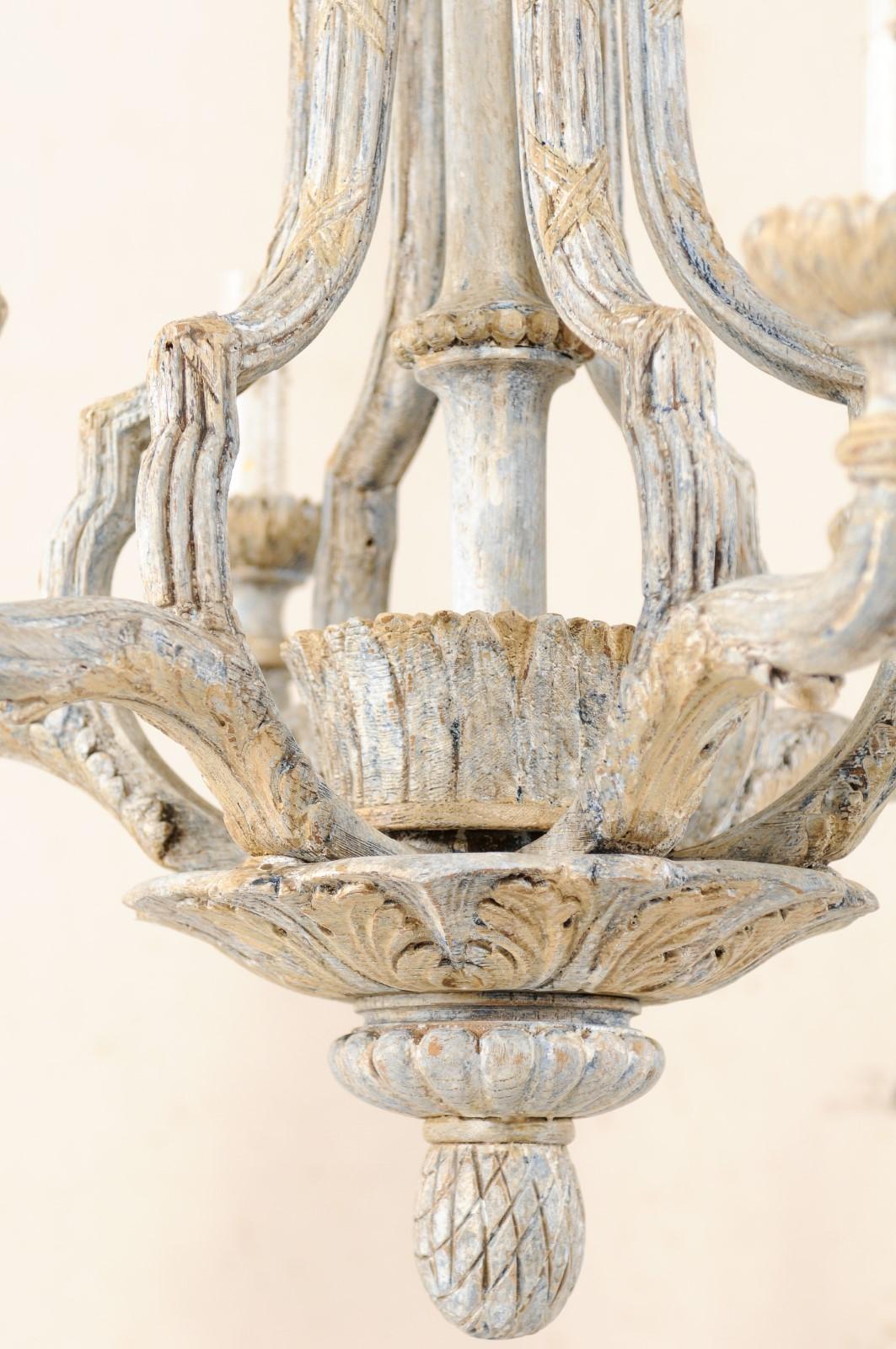 French Mid-20th Century Painted and Carved Wood Six-Light Chandelier 6