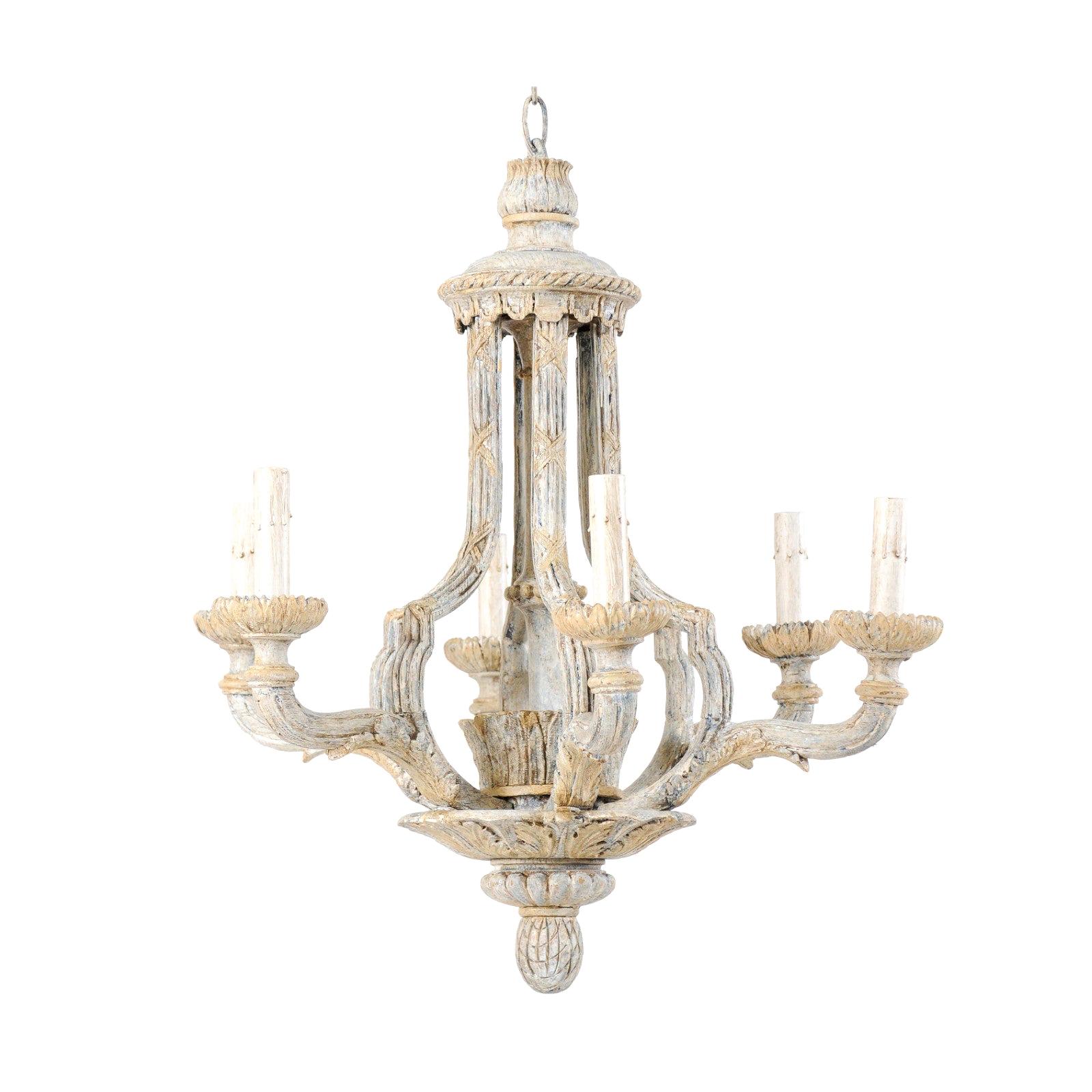 French Mid-20th Century Painted and Carved Wood Six-Light Chandelier