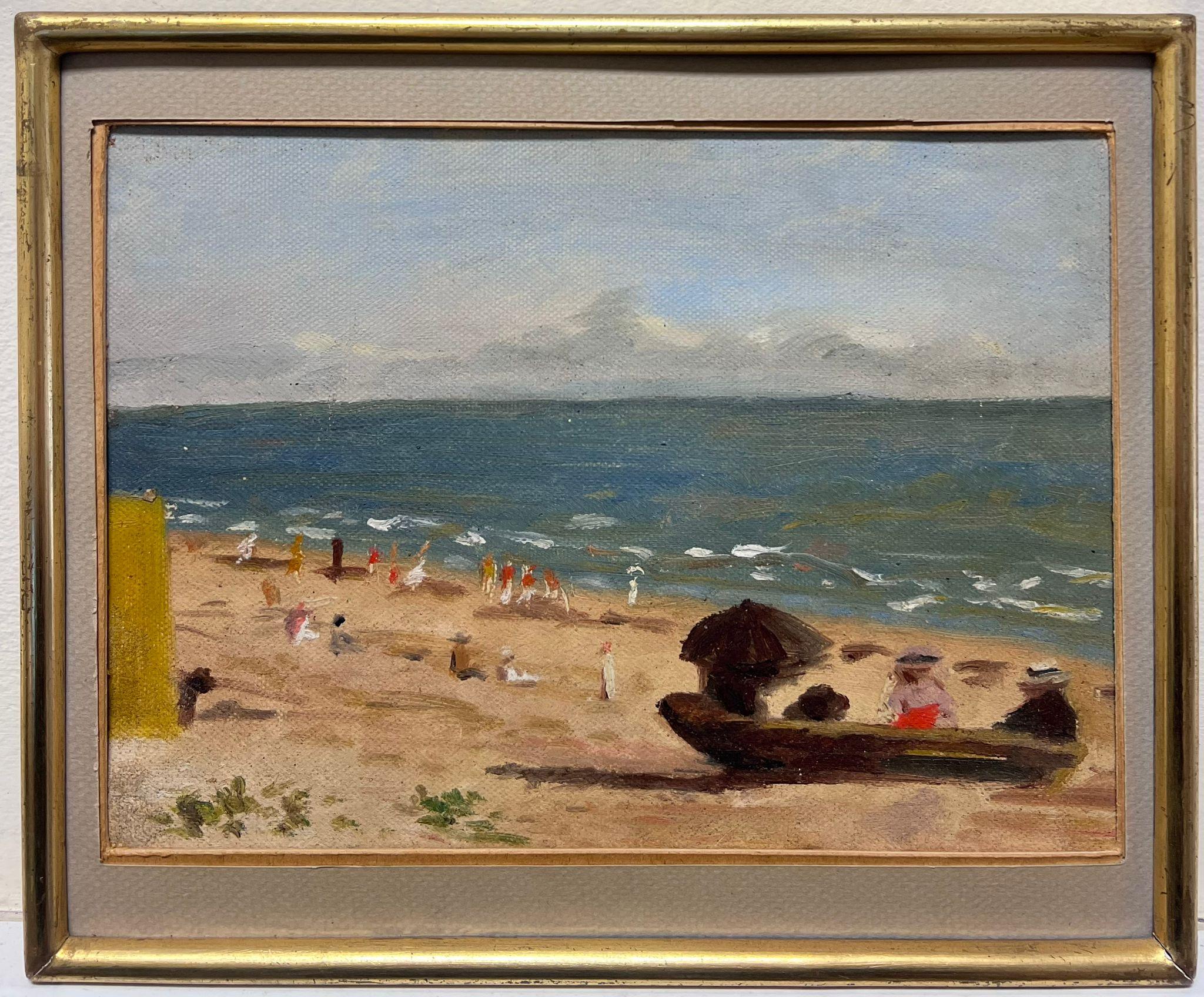 1950's French Impressionist Oil Painting Beach Scene Elegant Figures Parasols - Gray Landscape Painting by French Mid 20th Century