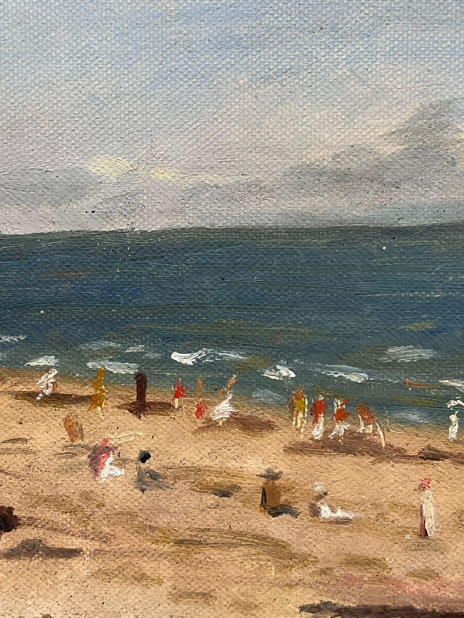 1950's French Impressionist Oil Painting Beach Scene Elegant Figures Parasols For Sale 1