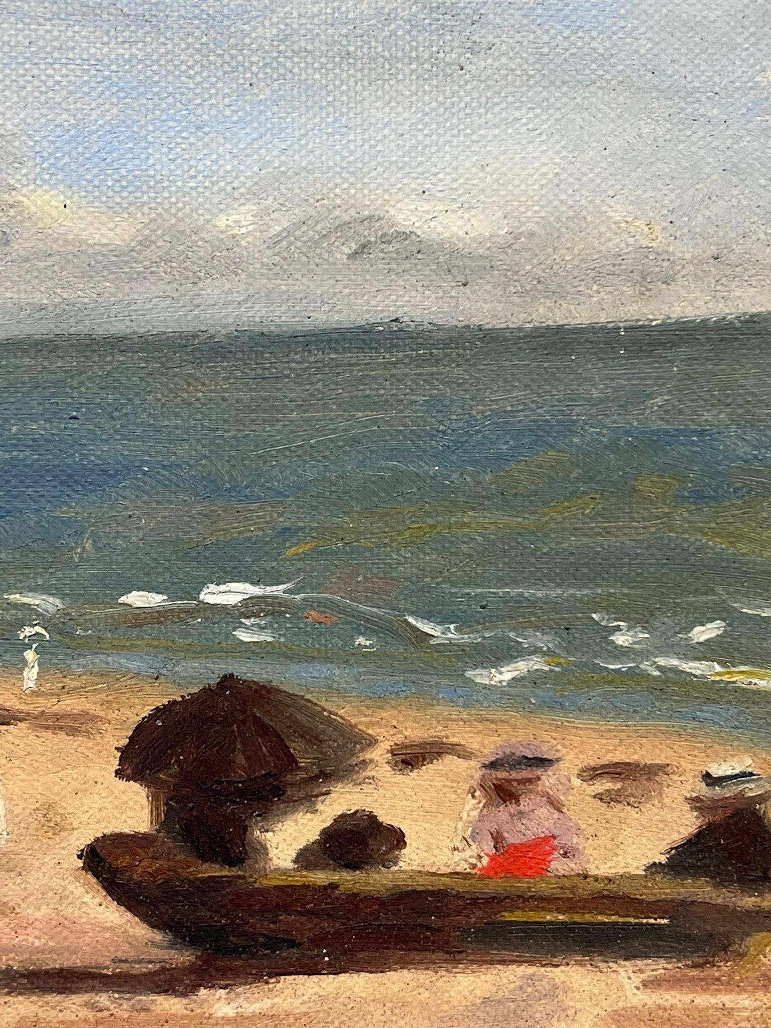 1950's French Impressionist Oil Painting Beach Scene Elegant Figures Parasols For Sale 2